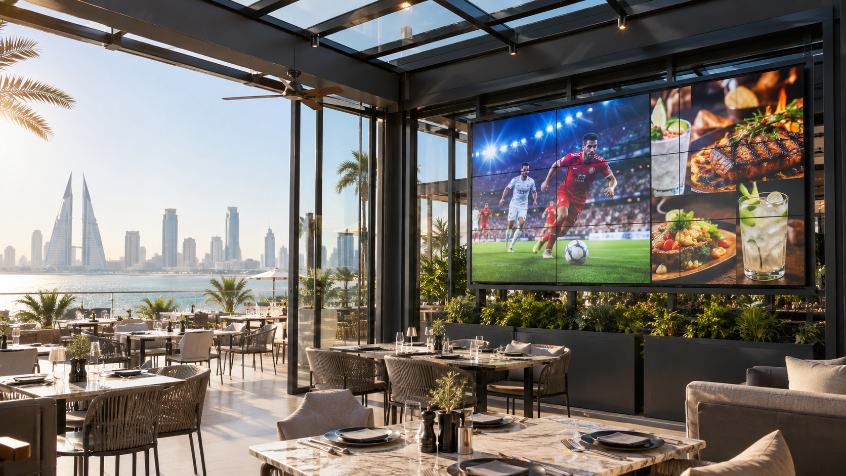 Concept of a high-brightness video wall at a Bahrain restaurant terrace